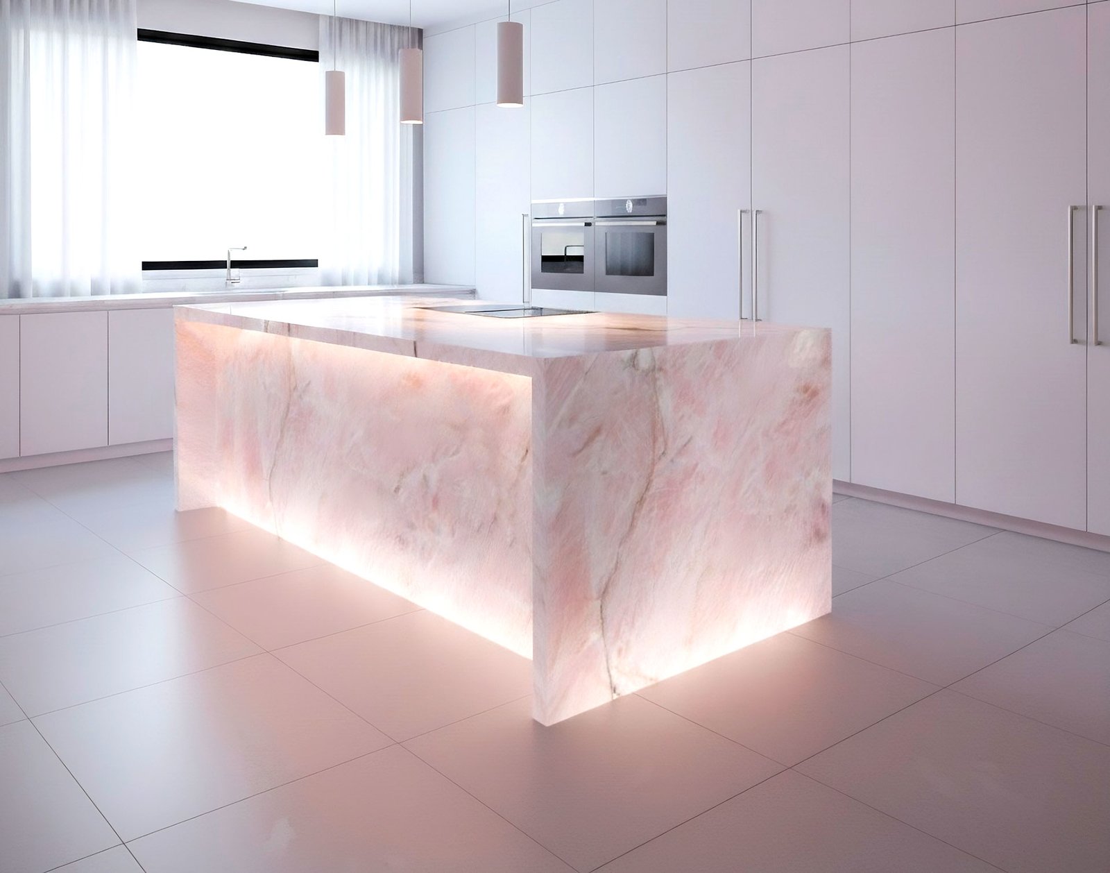 Quartzo Cristal Rosa translúcido: A Pedra Ideal para Bancadas, Painéis e Ambientes Iluminados